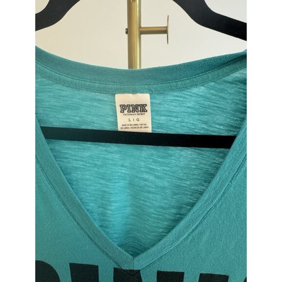 Pink Teal/Aqua “PINK” Cap Sleeve V-Neck Tee Size Large - Picture 2 of 3